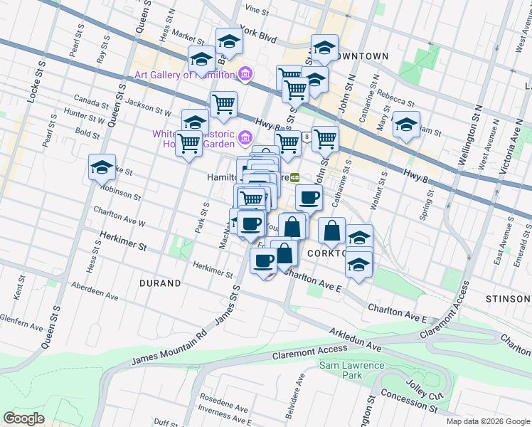map of restaurants, bars, coffee shops, grocery stores, and more near 169 James Street South in Hamilton