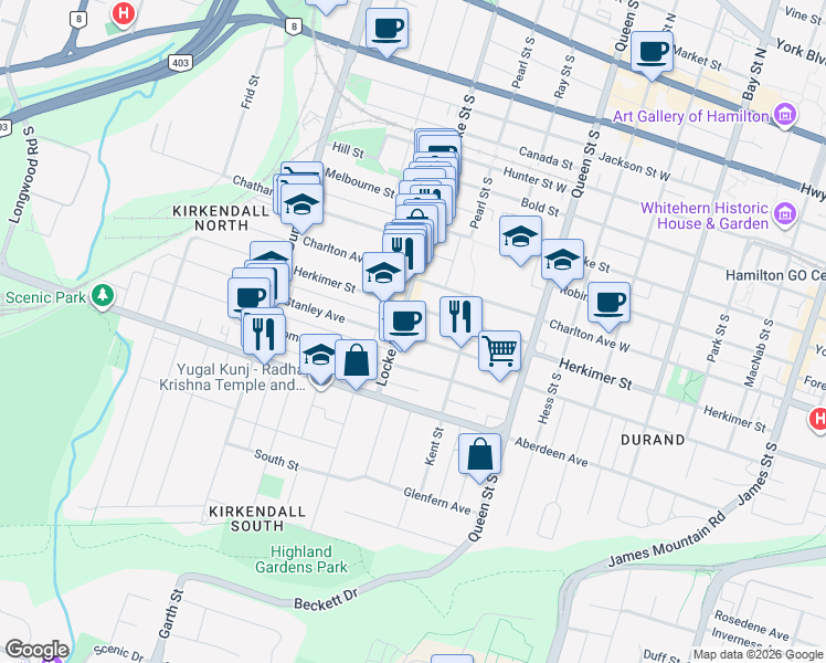 map of restaurants, bars, coffee shops, grocery stores, and more near 90 Stanley Avenue in Hamilton