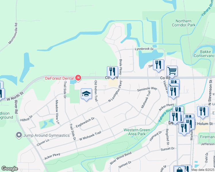 map of restaurants, bars, coffee shops, grocery stores, and more near 527 Seminole Way in DeForest