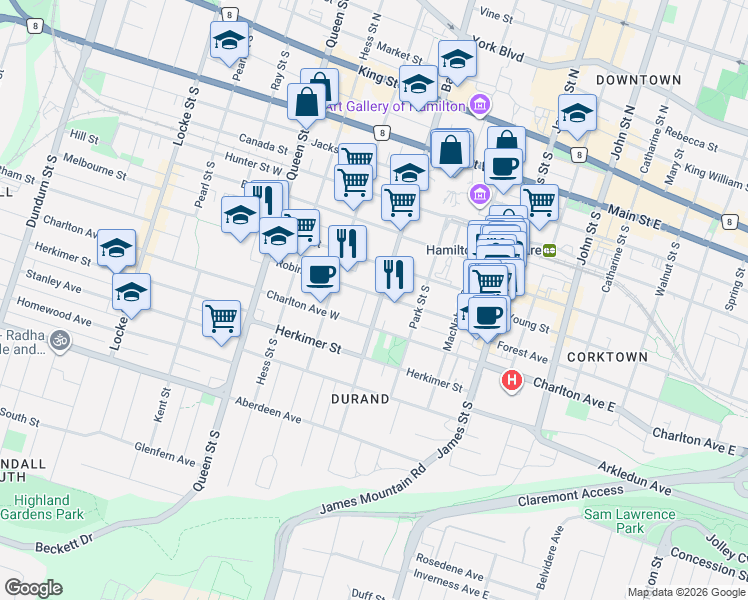 map of restaurants, bars, coffee shops, grocery stores, and more near 212 Bay Street South in Hamilton
