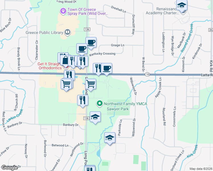 map of restaurants, bars, coffee shops, grocery stores, and more near 65 Greece Center Drive in Greece