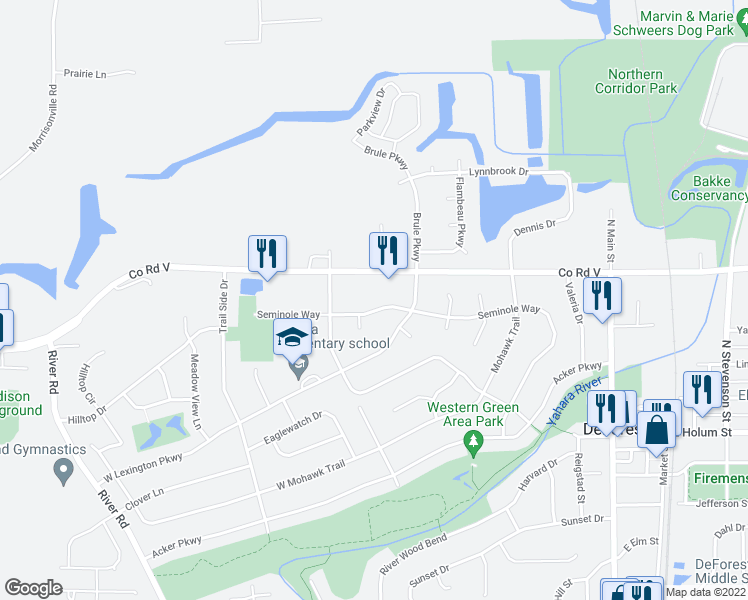 map of restaurants, bars, coffee shops, grocery stores, and more near 525 Seminole Way in DeForest