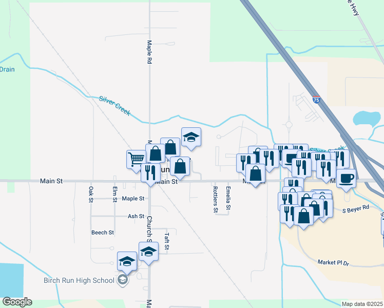 map of restaurants, bars, coffee shops, grocery stores, and more near 8225 Main Street in Birch Run