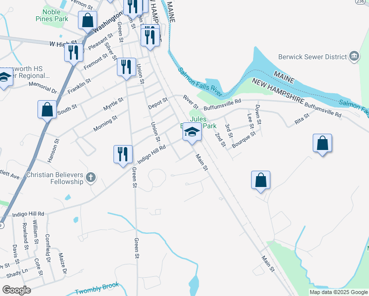 map of restaurants, bars, coffee shops, grocery stores, and more near 324 Main Street in Somersworth