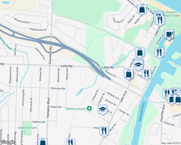 map of restaurants, bars, coffee shops, grocery stores, and more near 430 Latta Road in Rochester