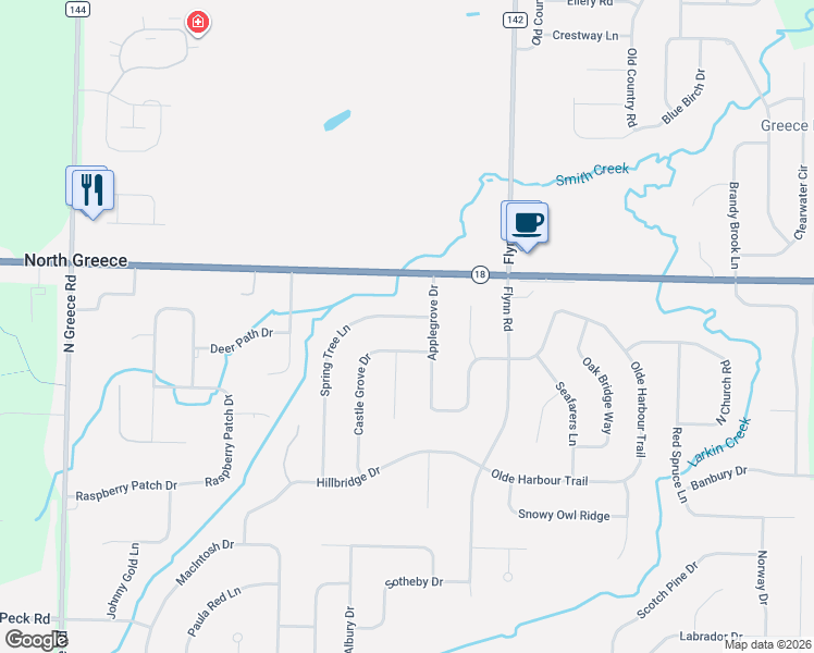 map of restaurants, bars, coffee shops, grocery stores, and more near 24 Spring Tree Lane in Rochester
