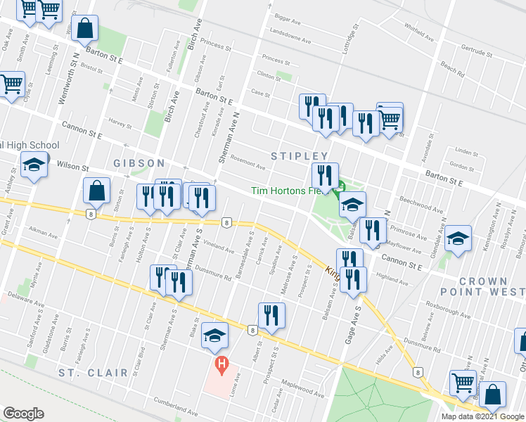 map of restaurants, bars, coffee shops, grocery stores, and more near in Hamilton