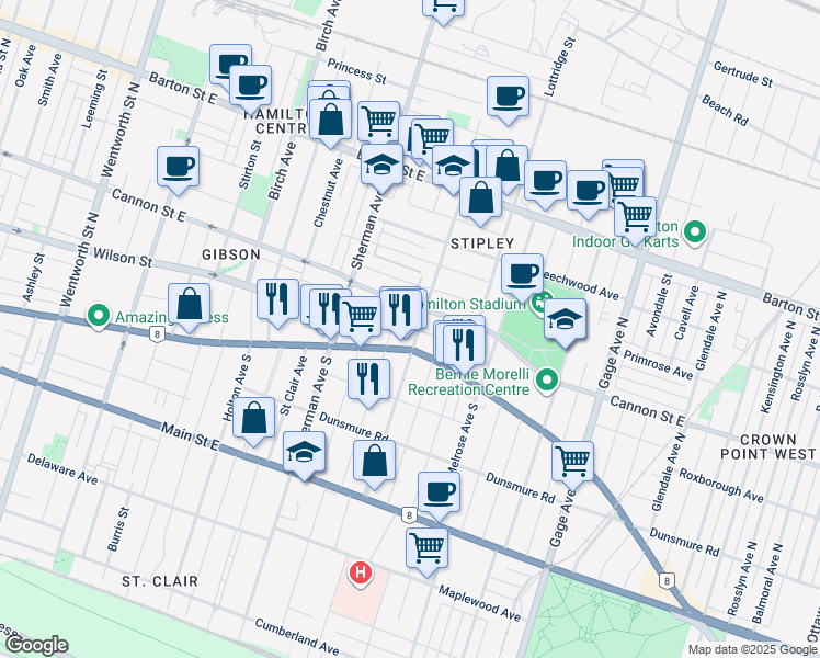 map of restaurants, bars, coffee shops, grocery stores, and more near in Hamilton