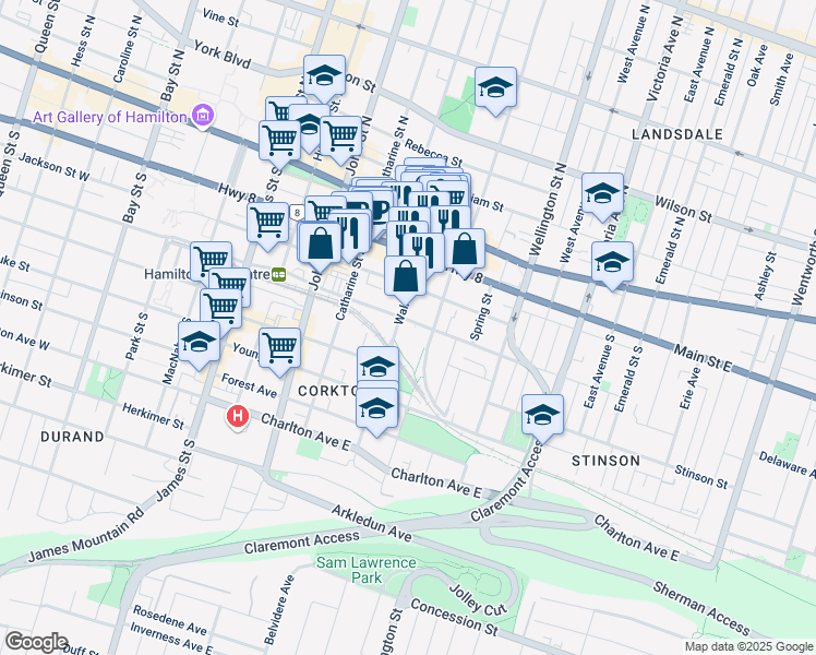 map of restaurants, bars, coffee shops, grocery stores, and more near in Hamilton
