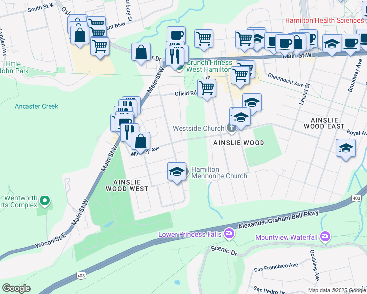 map of restaurants, bars, coffee shops, grocery stores, and more near 340 Whitney Avenue in Hamilton
