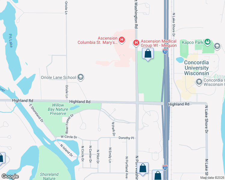 map of restaurants, bars, coffee shops, grocery stores, and more near 1310 Highland Road in Mequon