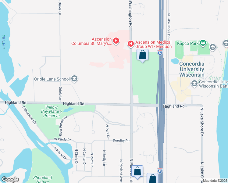 map of restaurants, bars, coffee shops, grocery stores, and more near 1310 Highland Road in Mequon