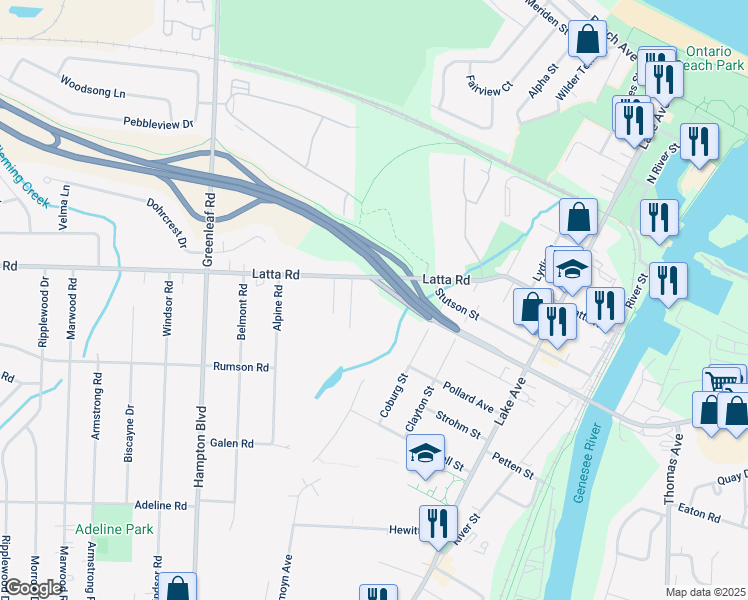map of restaurants, bars, coffee shops, grocery stores, and more near 430 Latta Road in Rochester