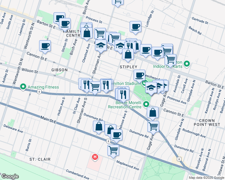 map of restaurants, bars, coffee shops, grocery stores, and more near 18 Barnesdale Avenue North in Hamilton