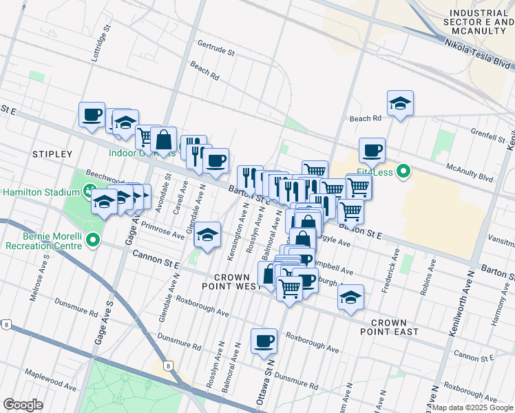 map of restaurants, bars, coffee shops, grocery stores, and more near in Hamilton