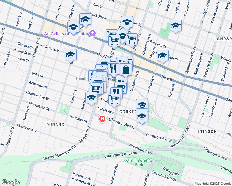 map of restaurants, bars, coffee shops, grocery stores, and more near in Hamilton