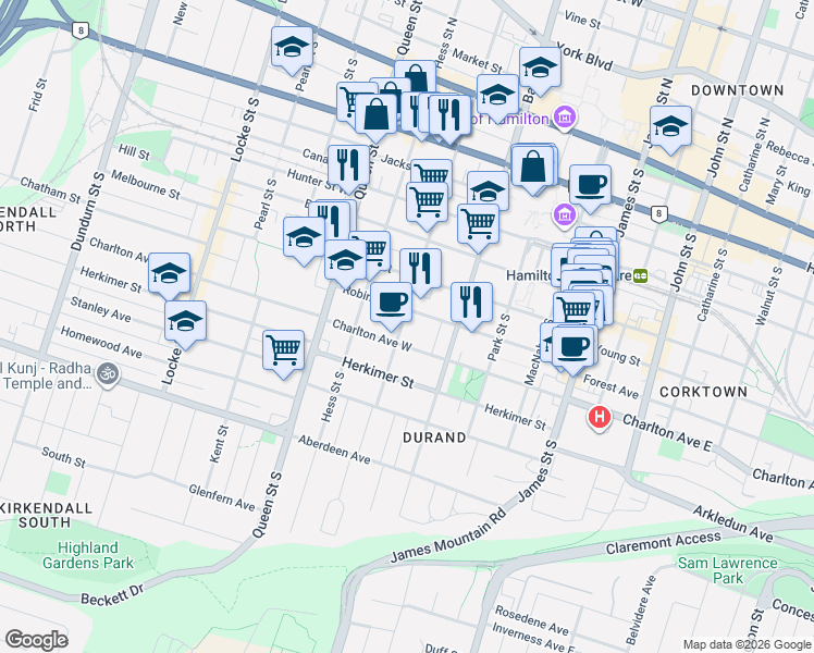 map of restaurants, bars, coffee shops, grocery stores, and more near 217 Caroline Street South in Hamilton