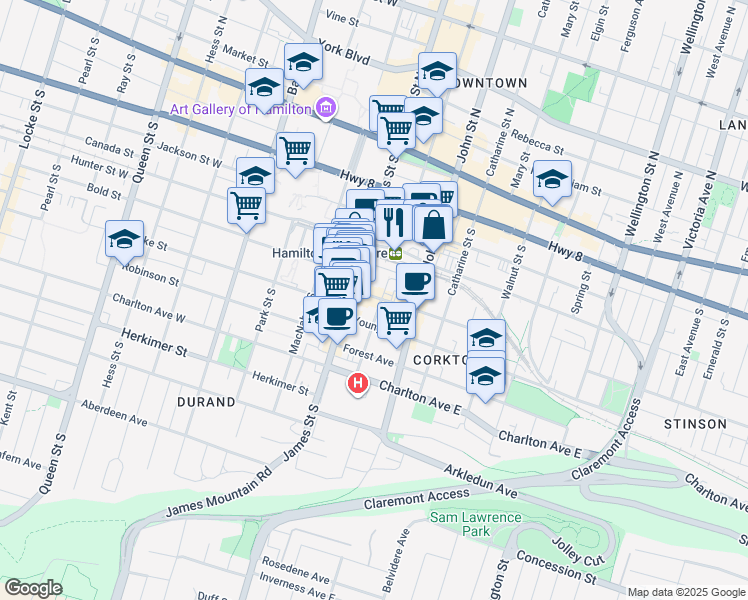 map of restaurants, bars, coffee shops, grocery stores, and more near 24 Augusta Street in Hamilton