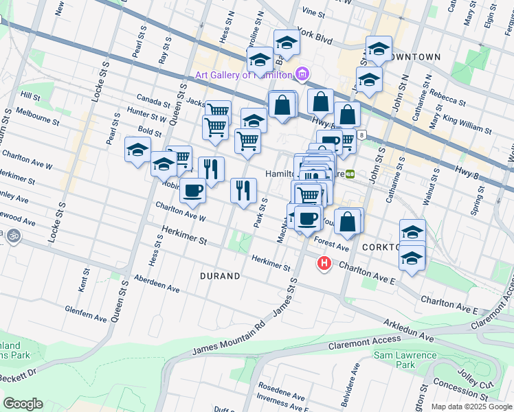 map of restaurants, bars, coffee shops, grocery stores, and more near 200 Park Street South in Hamilton
