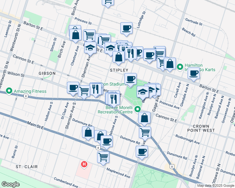 map of restaurants, bars, coffee shops, grocery stores, and more near Cannon St E & Lottridge St in Hamilton