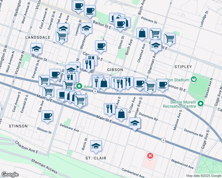 map of restaurants, bars, coffee shops, grocery stores, and more near in Hamilton