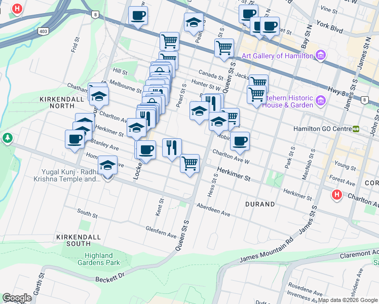 map of restaurants, bars, coffee shops, grocery stores, and more near 204 Herkimer Street in Hamilton