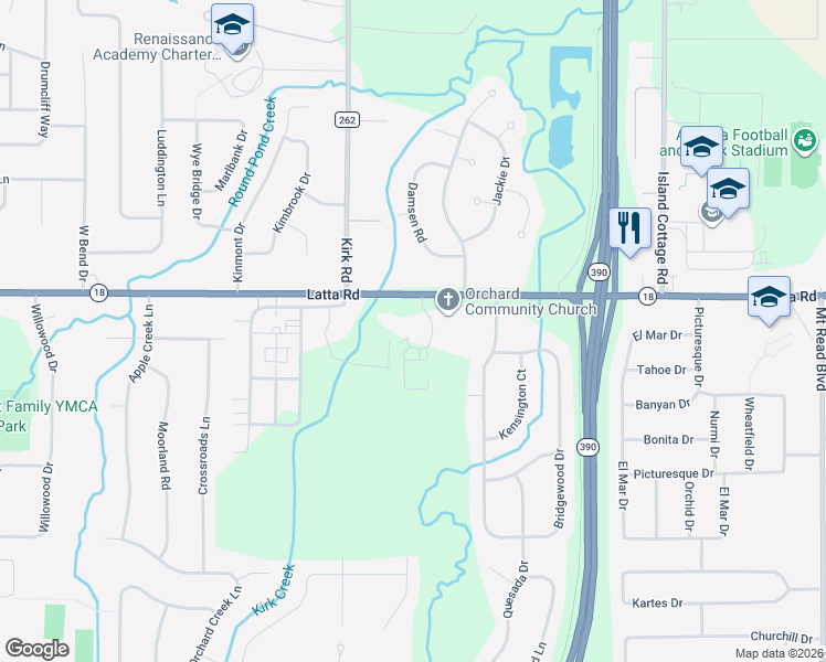 map of restaurants, bars, coffee shops, grocery stores, and more near 3 Treeline Drive in Rochester