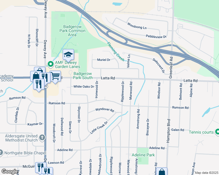 map of restaurants, bars, coffee shops, grocery stores, and more near 981 Latta Road in Rochester