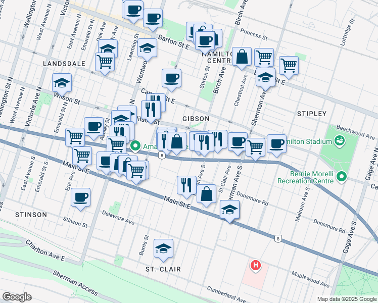 map of restaurants, bars, coffee shops, grocery stores, and more near in Hamilton