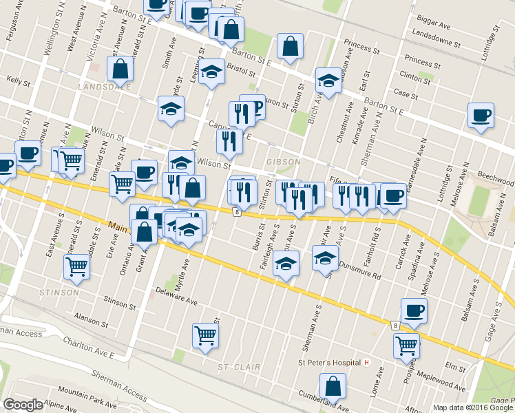map of restaurants, bars, coffee shops, grocery stores, and more near in Hamilton
