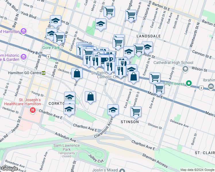 map of restaurants, bars, coffee shops, grocery stores, and more near 40 Wellington Street South in Hamilton