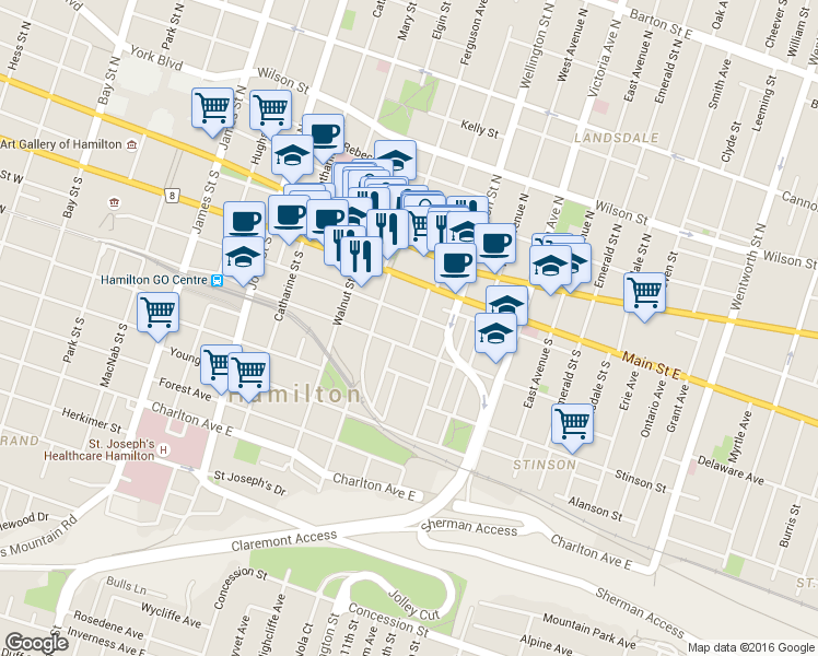 map of restaurants, bars, coffee shops, grocery stores, and more near 200 Main Street East in Hamilton