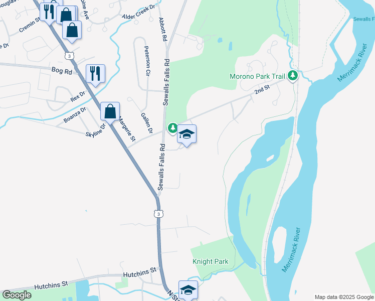 map of restaurants, bars, coffee shops, grocery stores, and more near 40 Sewalls Falls Road in Concord