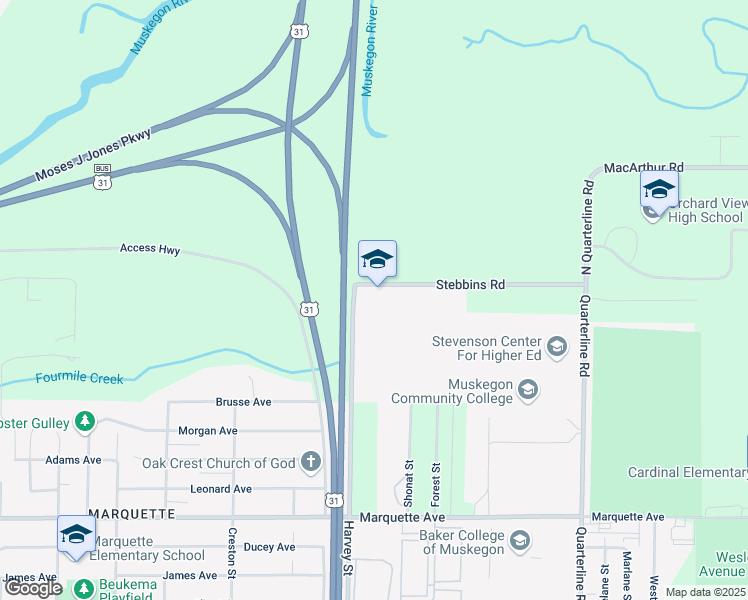 map of restaurants, bars, coffee shops, grocery stores, and more near 200 Harvey Street in Muskegon
