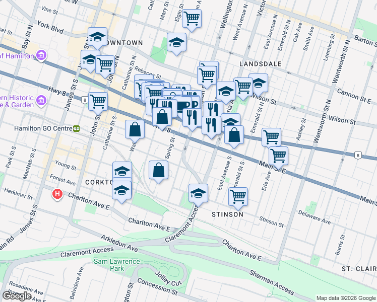 map of restaurants, bars, coffee shops, grocery stores, and more near 47 Wellington Street South in Hamilton