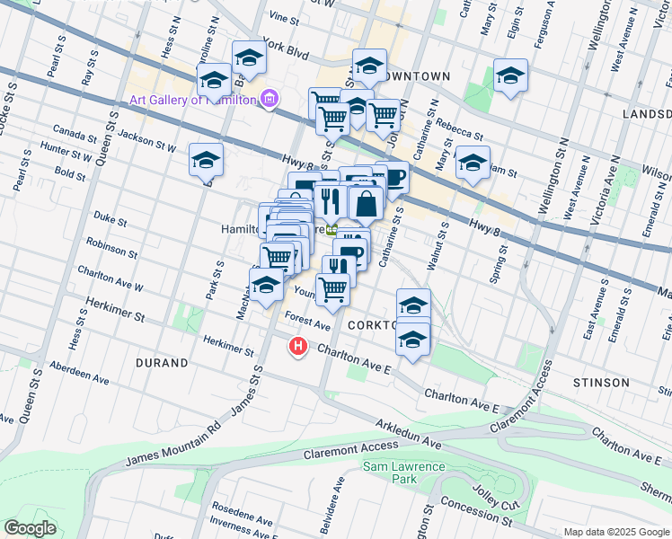 map of restaurants, bars, coffee shops, grocery stores, and more near 51 Augusta Street in Hamilton