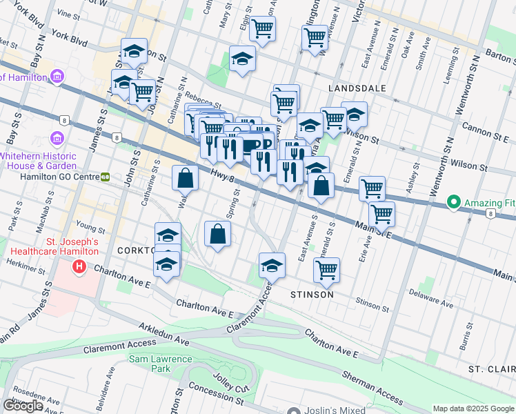 map of restaurants, bars, coffee shops, grocery stores, and more near 47 Wellington Street South in Hamilton