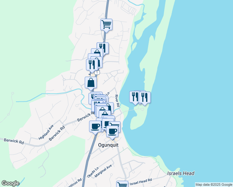 map of restaurants, bars, coffee shops, grocery stores, and more near 62 River Road in Ogunquit
