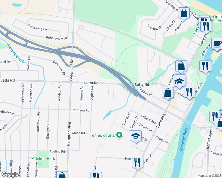 map of restaurants, bars, coffee shops, grocery stores, and more near 26 Fairway Drive in Rochester