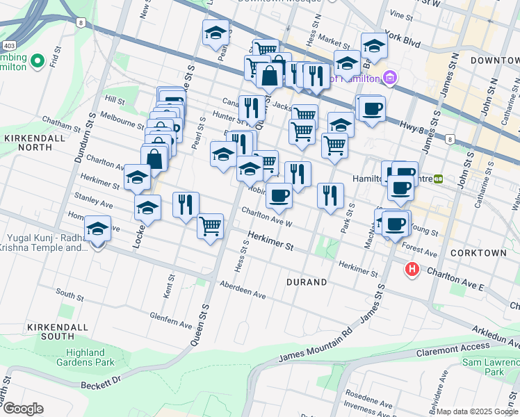 map of restaurants, bars, coffee shops, grocery stores, and more near 229 Hess Street South in Hamilton