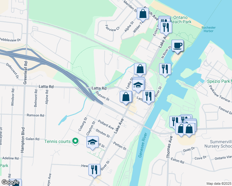 map of restaurants, bars, coffee shops, grocery stores, and more near 209 Latta Road in Rochester