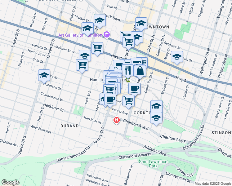 map of restaurants, bars, coffee shops, grocery stores, and more near 155 James Street South in Hamilton