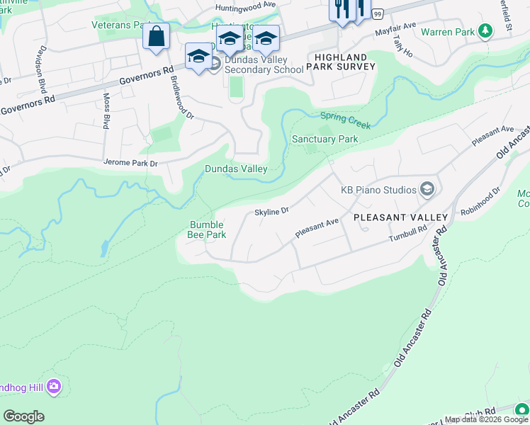 map of restaurants, bars, coffee shops, grocery stores, and more near 47 Skyline Drive in Hamilton