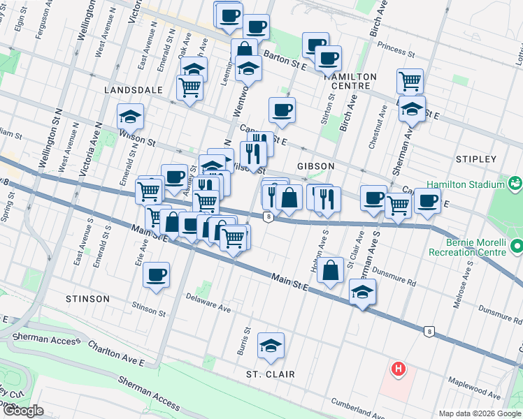 map of restaurants, bars, coffee shops, grocery stores, and more near 737 King Street East in Hamilton