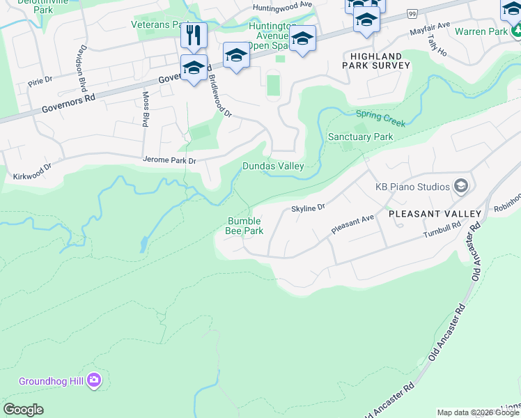 map of restaurants, bars, coffee shops, grocery stores, and more near 19 Taywood Court in Hamilton