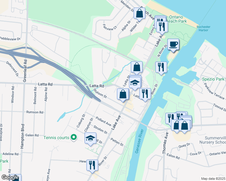 map of restaurants, bars, coffee shops, grocery stores, and more near 209 Latta Road in Rochester
