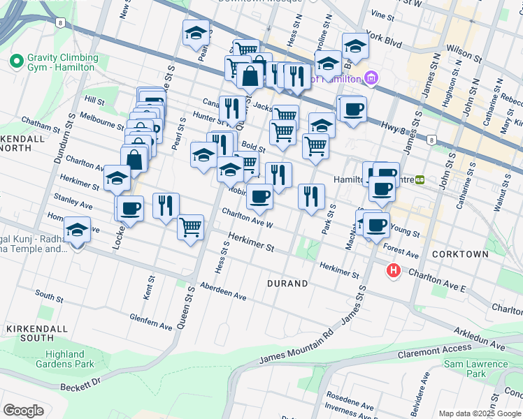 map of restaurants, bars, coffee shops, grocery stores, and more near in Hamilton