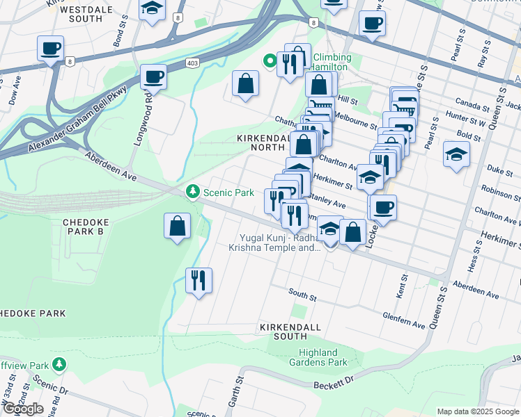 map of restaurants, bars, coffee shops, grocery stores, and more near in Hamilton