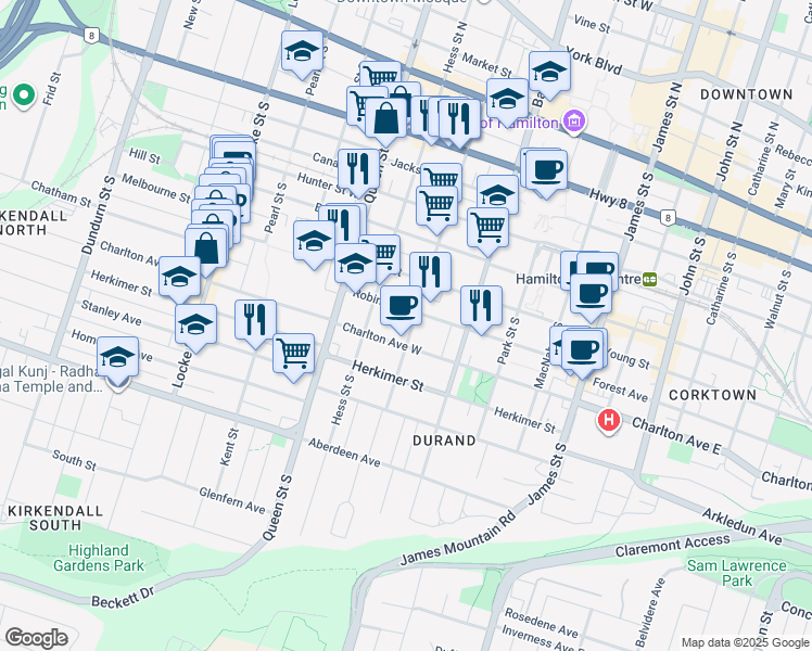 map of restaurants, bars, coffee shops, grocery stores, and more near 220 Caroline Street South in Hamilton