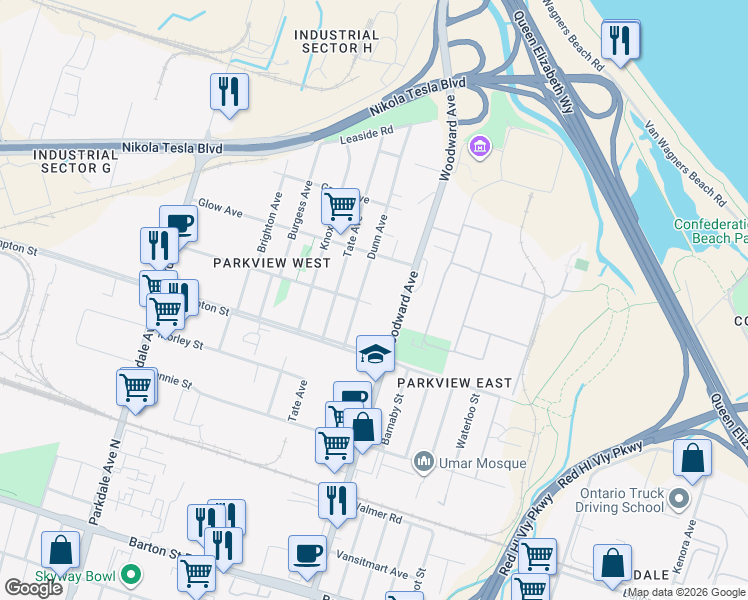 map of restaurants, bars, coffee shops, grocery stores, and more near 235 Mead Avenue in Hamilton